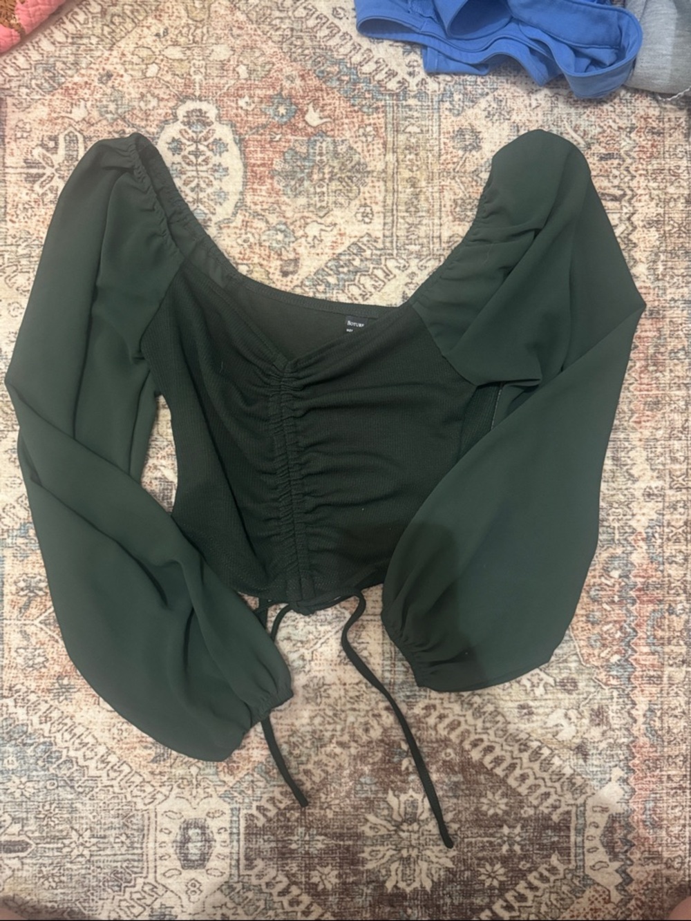 Dark Green Ruched Puff-Sleeve Women’s Top